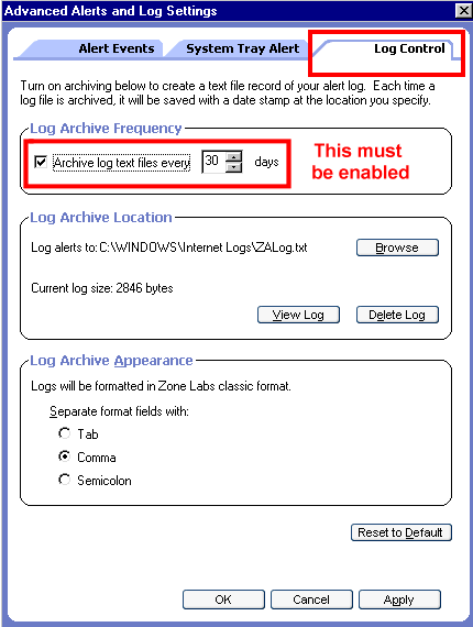 Screenshot of ZoneAlarm 3 log configuration