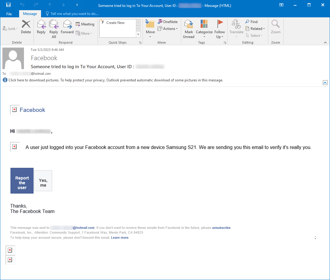 Ongoing Facebook phishing campaign without a sender and (almost) without links