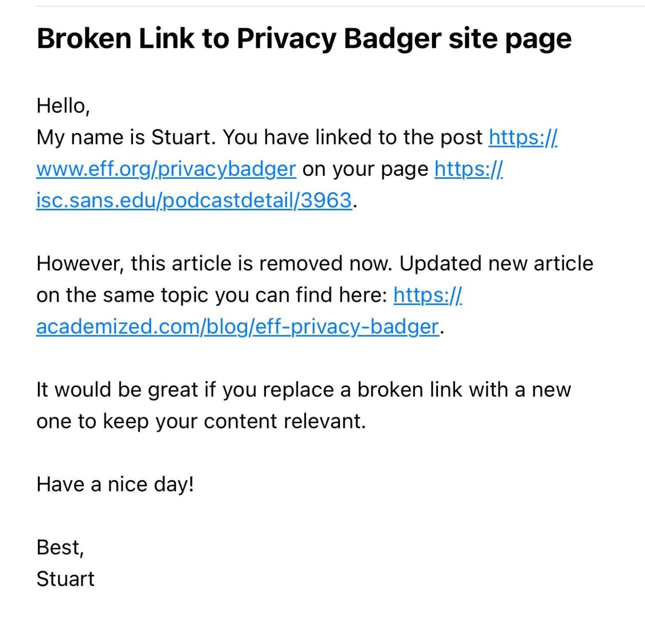 image of an email stating that link should be updated