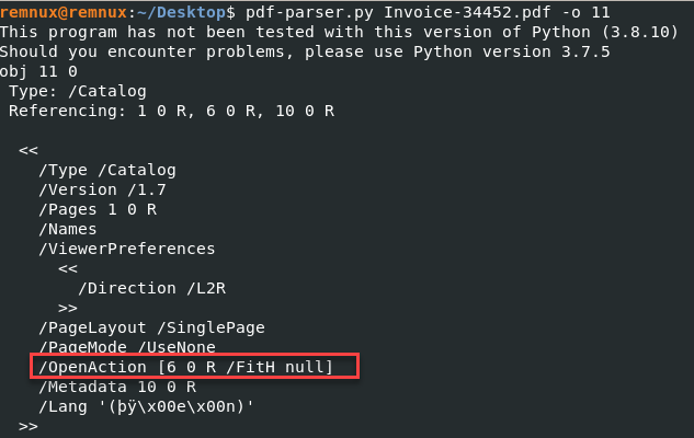 output of pf-parser.py highlighting the OpenAction property