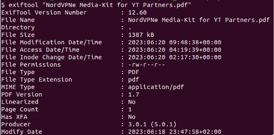 Output of Metadata after Executing Exiftool