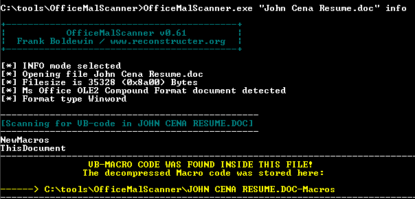 OfficeMalScanner finds macros code