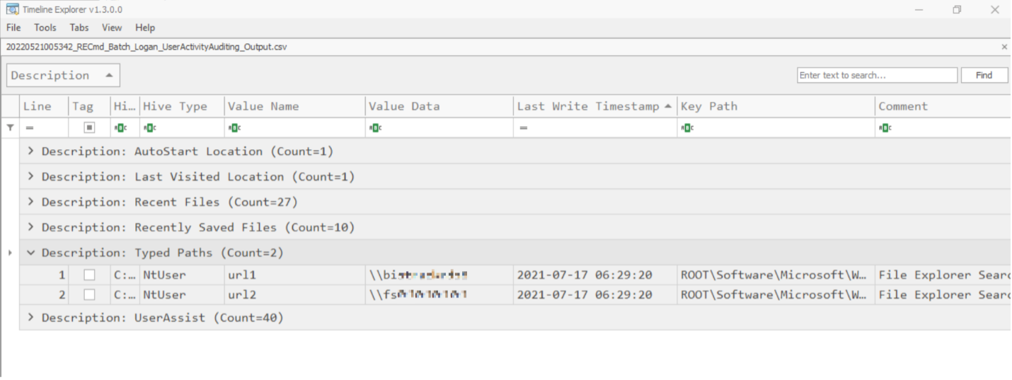 RECmd Output registry keys