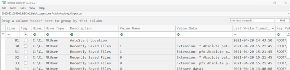 RECmd output in Timeline Explorer