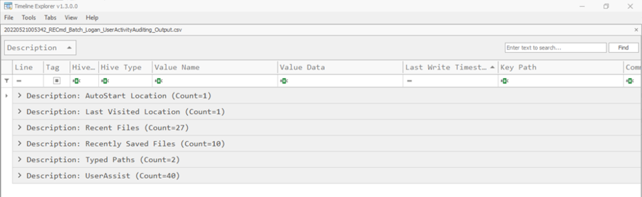 RECmd output grouped by description