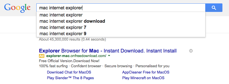 Google Search for "mac internet explorer"