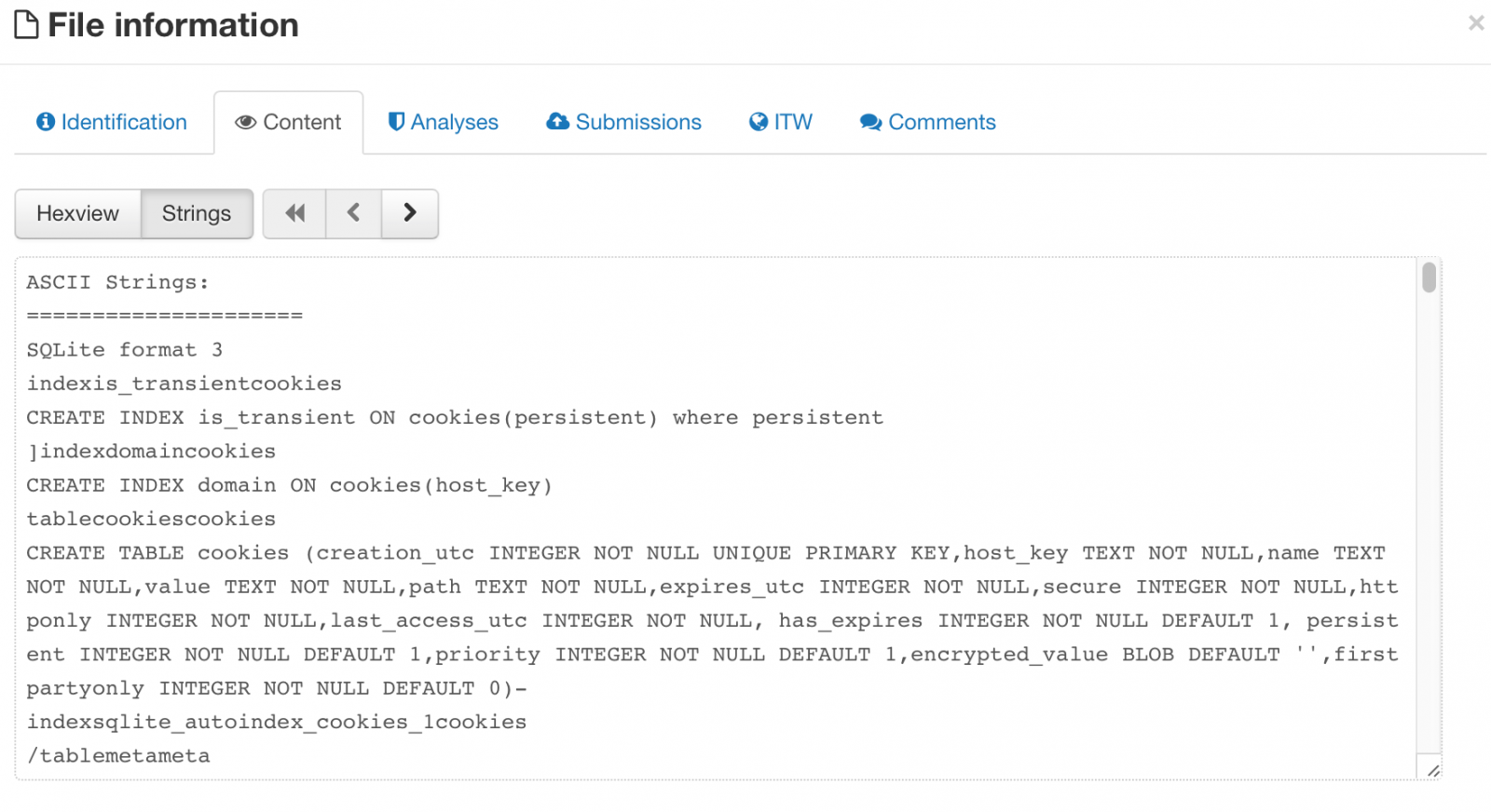 ASCII strings of virustotal screenshot