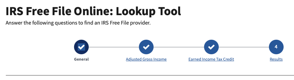 screen shot of IRS free file website.