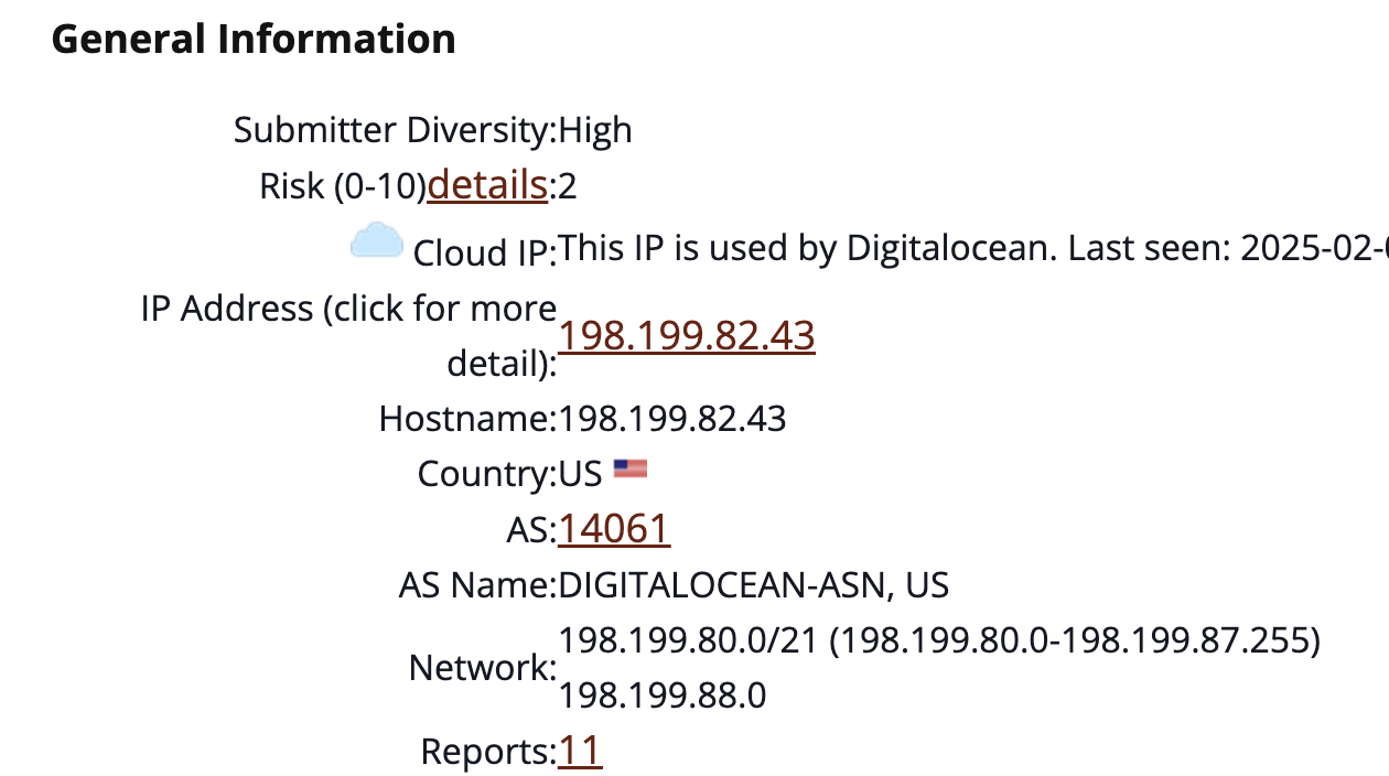 Screen shot of Internet Storm Center IP Info page for 198.199.82.43