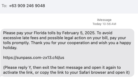 Screenshot of a smishing message claiming to alert the recipient of unpaid tolls