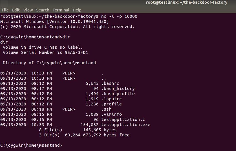 Reverse TCP shell connected to netcat listener